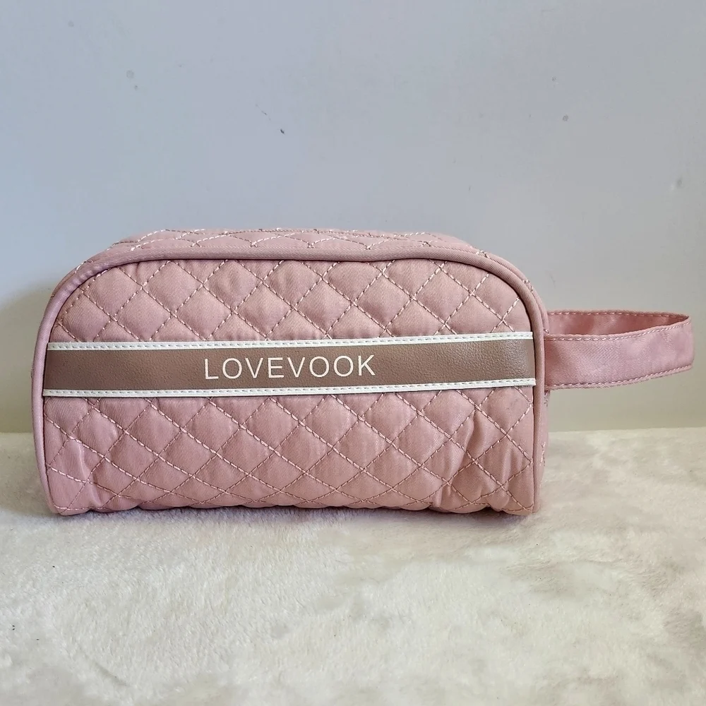 Lovevook Pink Quilted Toiletry Travel Makeup Cosmetic Bag Pouch